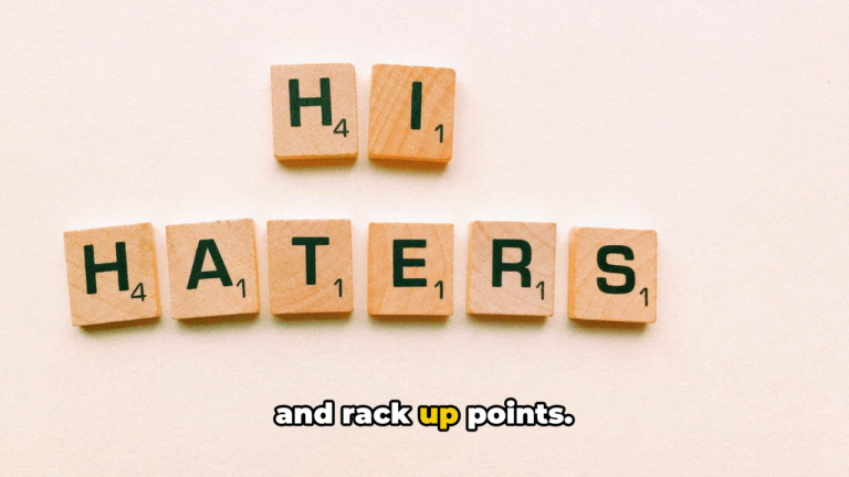 "hi haters" spelled in scrabble letters with text "and rack up points".